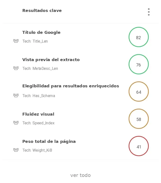 Cuadro resumen en el que se presentan las métricas y los resultados técnicos clave de la auditoría de SEO y del sitio web.