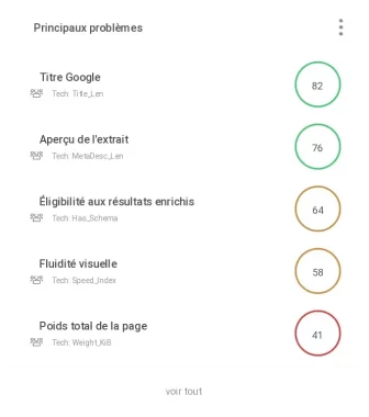 Graphique de synthèse montrant la répartition des erreurs critiques et avertissements détectés par l'audit SEO et site web.