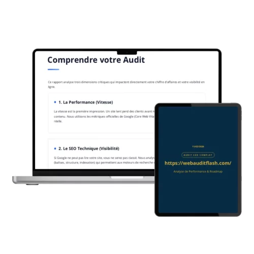 Couverture du rapport PDF d'audit SEO et visibilité IA livré en quelques minutes pour optimiser votre site web.